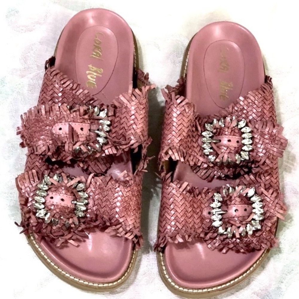 Anthropologie Coral Blue Italian Woven Leather Jeweled Footbed Buckle Sandal 8.5 - Picture 3 of 14